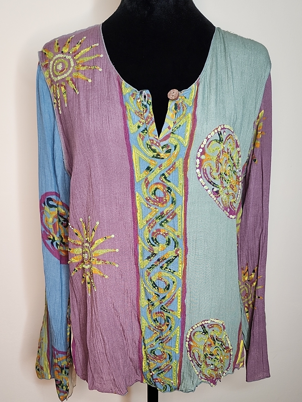 Soft Surroundings Embroidered Patchwork Boho Tunic Top 100% Rayon Small